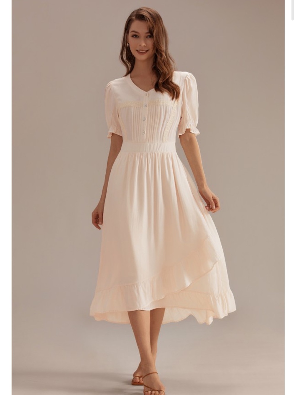 Elegant Cream Midi Dress with Puff Sleeves